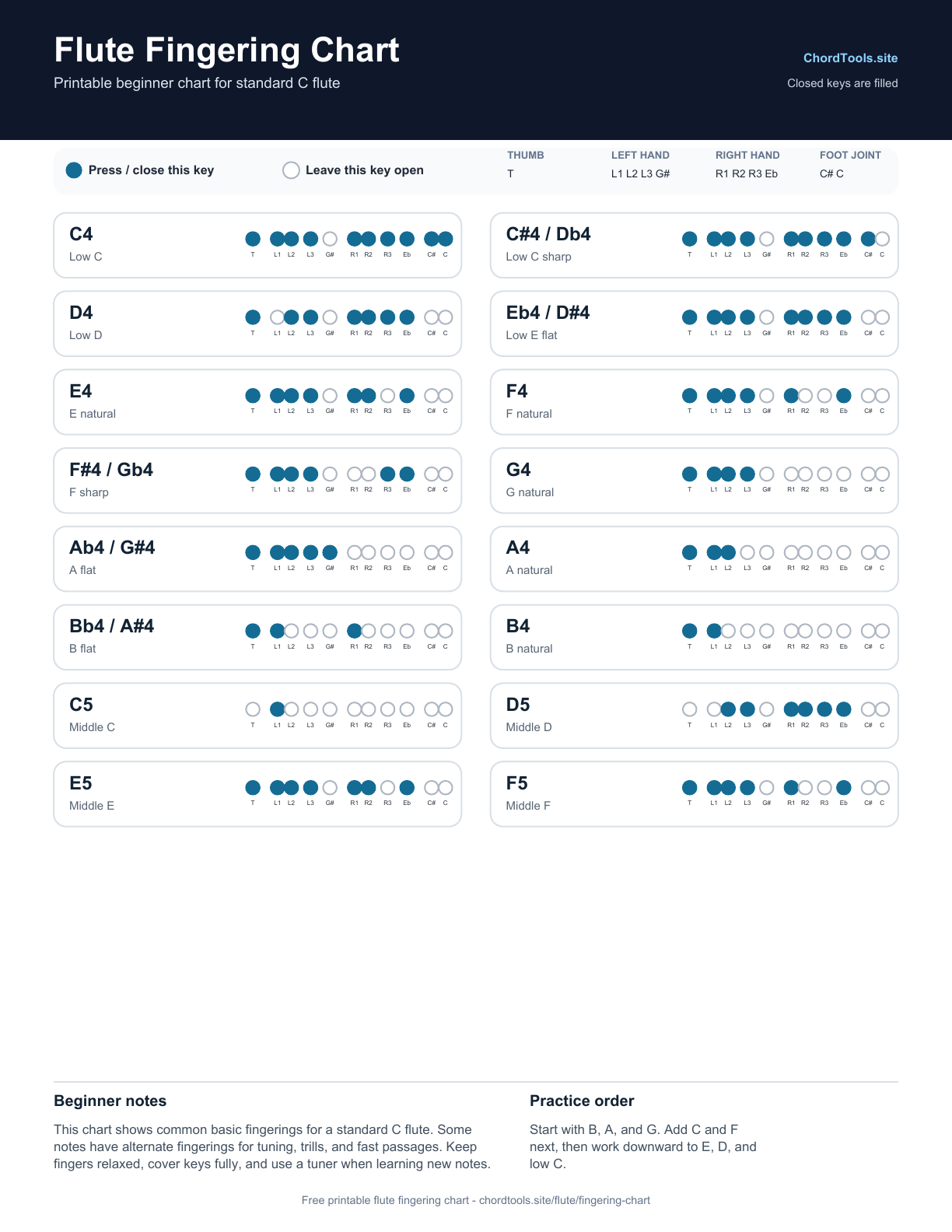 Printable flute fingering chart PDF preview